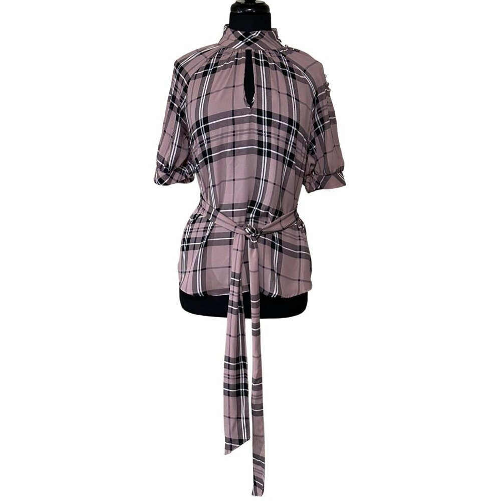 7th Ave NY & Co. Design Studio Blouse w/Waist Tie Rose Pink Plaid Women's Size S